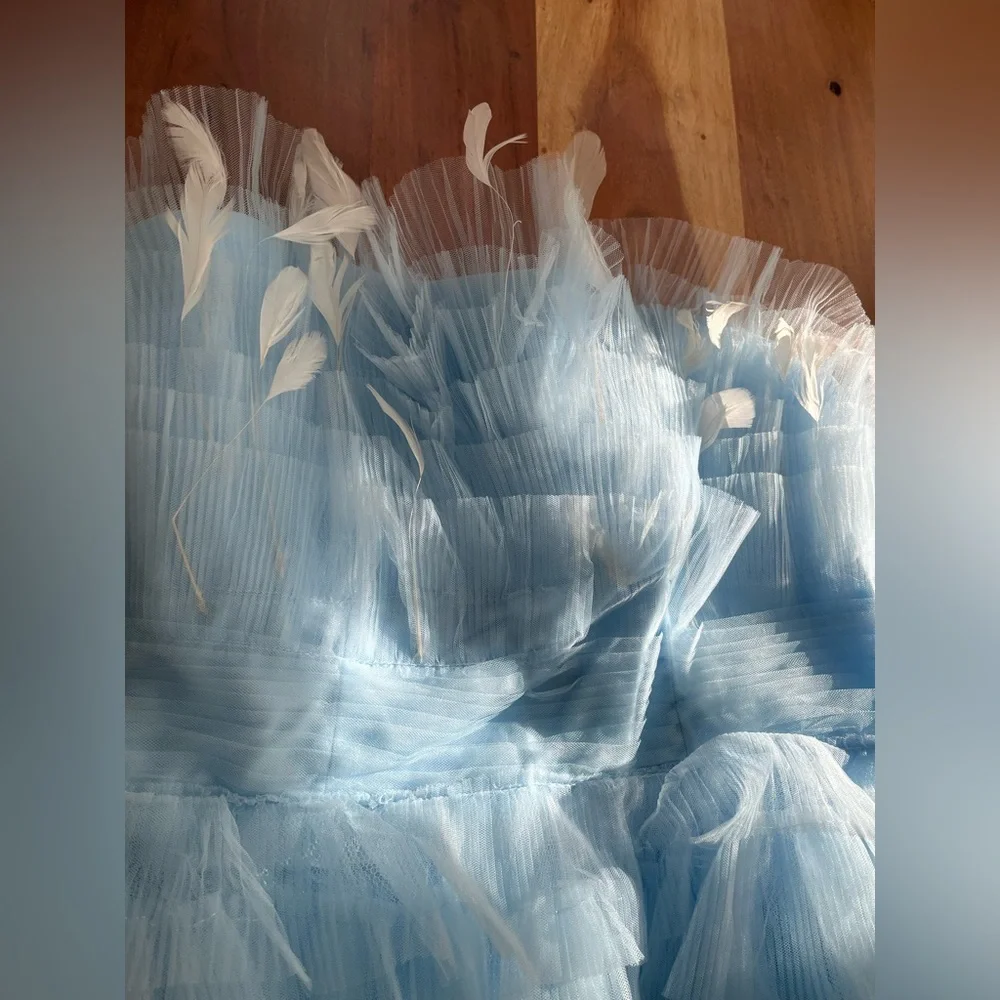 NWT Mac Duggal Feathered Strapless Tulle Fit + Flare Dress Powder Blue - Sz 10 - Picture 5 of 8